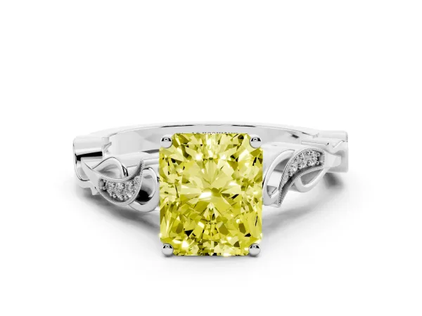Fancy Yellow Radiant Cut Solitaire Vine Band with Milgrain Prong Setting White gold