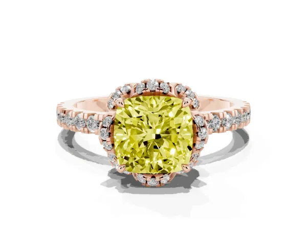 Fancy Yellow Cushion Cut Diamond Halo Pave Band with Four-Prong Setting Rose gold