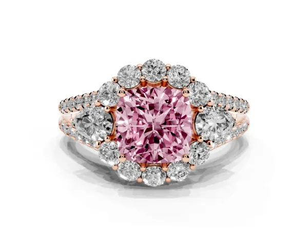 Fancy Pink Cushion Cut Halo Split Shank Diamond Engagement Ring with Prong Setting Rose gold