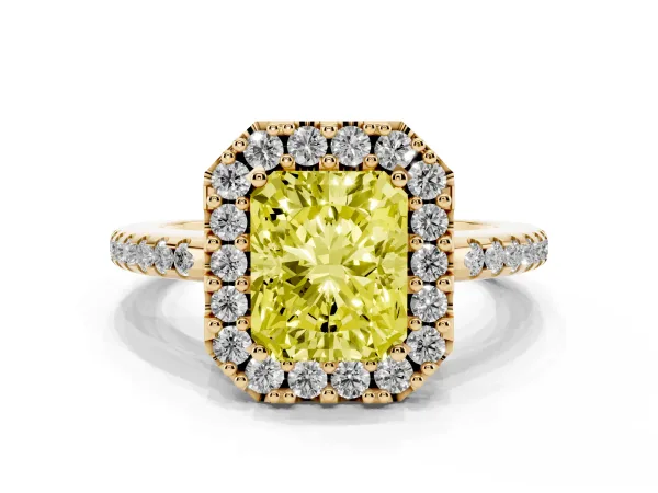 Fancy Yellow Radiant Cut Diamond Pavé Halo Ring with Four-Prong Setting Yellow gold