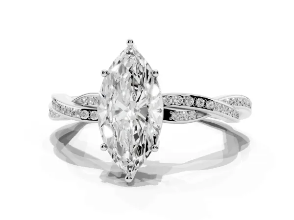 Marquise Cut Solitaire Twisted Pave Diamond Ring with Four-Prong Setting Platinum