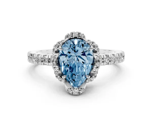 Fancy Blue Pear Cut Diamond Halo Pave Band with Four-Prong Setting White gold