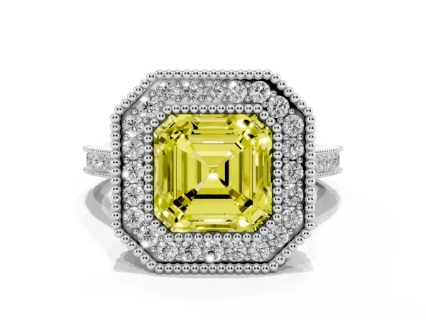Fancy Yellow Asscher Cut Diamond Halo Ring with Milgrain Frame and Pavé Band Platinum