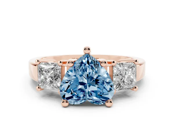 Fancy Blue Three-Stone Heart Cut Cut Solitaire Ring with Prong Setting Rose gold