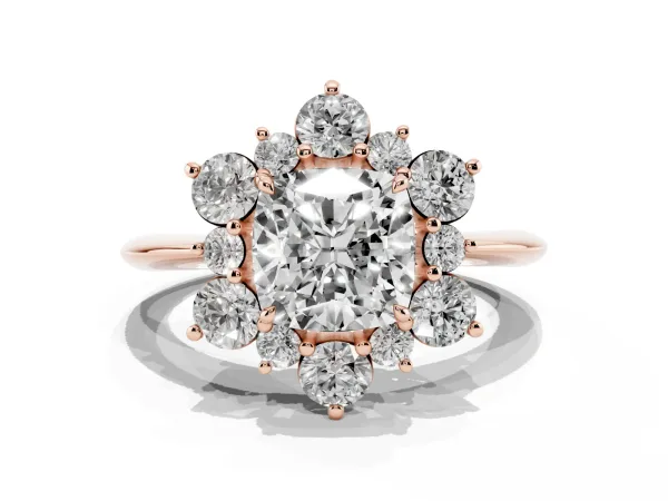 Cushion Cut Diamond Cluster Halo Ring with Solitaire Band and Four-Prong Setting Rose gold