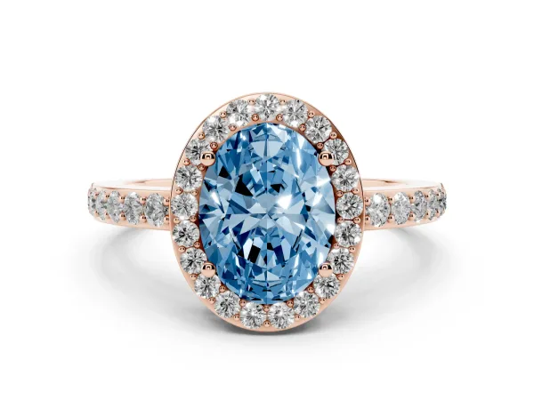 Fancy Blue Oval Cut Halo Diamond Pavé Band Ring with Prong Setting Rose gold