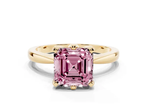 Fancy Pink Asscher Cut Solitaire Engagement Ring with Six-Prong Setting and Tapered Band Yellow gold