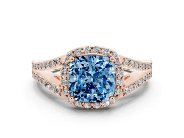 Fancy Blue Cushion Cut Halo Split Shank Diamond Ring with Prong Setting Rose gold