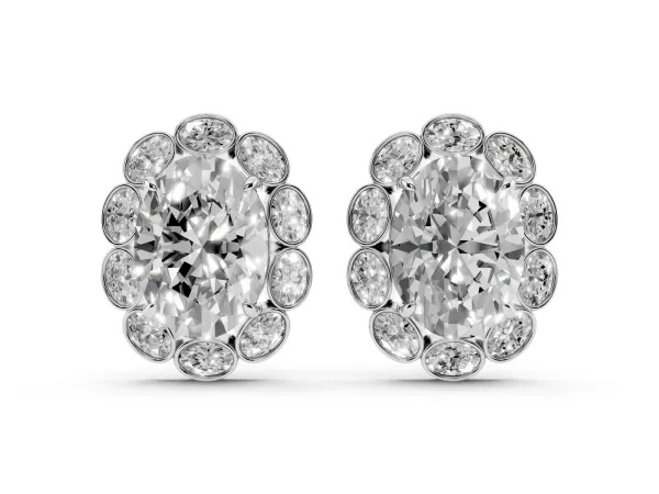 Oval Diamond Halo Stud Earrings with Oval Diamond Accents Platinum