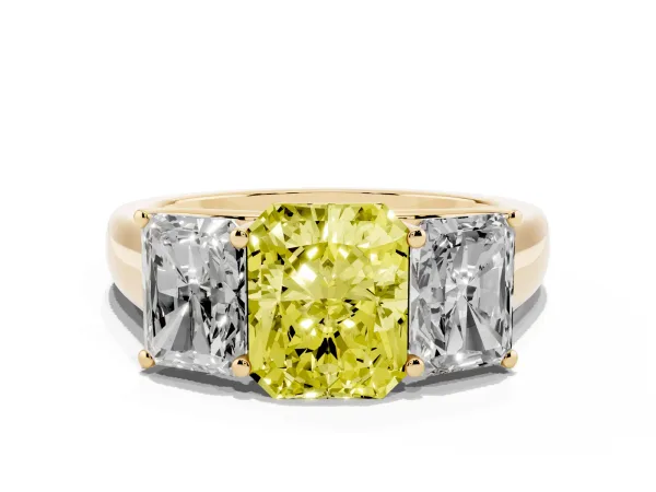 Fancy Yellow Radiant Cut Three-Stone Diamond Ring with Prong Setting on a Classic Band Yellow gold