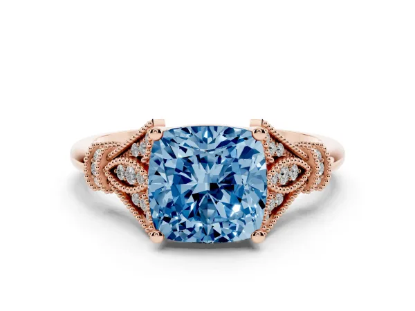 Fancy Blue Cushion Cut Diamond Solitaire Ring with Floral Filigree and Pave Accents Rose gold