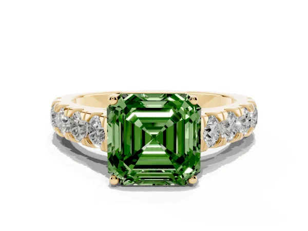Fancy Green Asscher Cut Cut Diamond Solitaire Ring with Micro Pave Band and Prong Setting Yellow gold