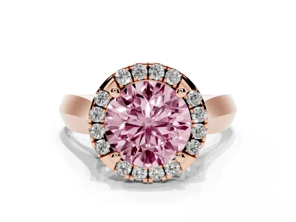 Fancy Pink Round Cut Cut Halo Solitaire Engagement Ring with Square Band and Four-Prong Setting Rose gold