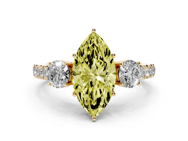 Fancy Yellow Marquise Cut Cut Diamond Three-Stone Ring with Round Side Stones and Pavé Band Yellow gold