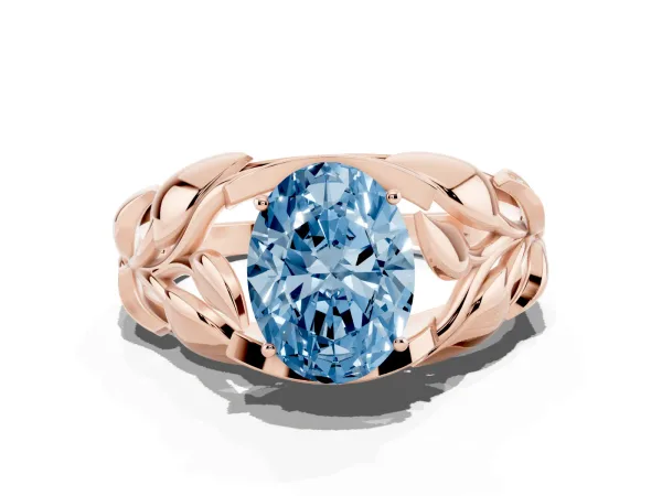 Fancy Blue Oval Cut Diamond Leaf-Inspired Engagement Ring with Round Accents and Prong Setting Rose gold