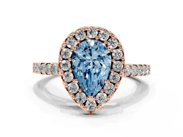 Fancy Blue Pear Cut Halo Diamond Pavé Solitaire Ring Rose gold