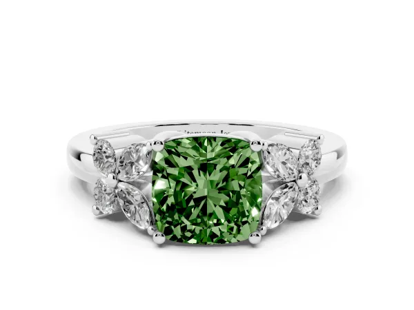 Fancy Green Cushion Cut Diamond Floral Cluster Ring with Solitaire Band and Prong Setting White gold