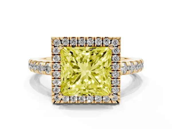 Fancy Yellow Princess Cut Diamond Halo Ring with Pavé Band and Four-Prong Setting Yellow gold