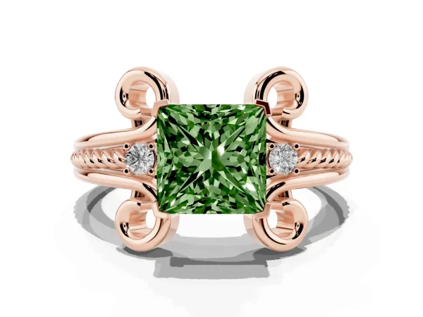 Fancy Green Princess Cut Solitaire Twisted Band Scroll Prong Ring Rose gold