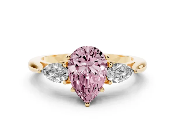 Fancy Pink Pear Cut Diamond Three-Stone Ring with Pear Side Stones and Prong Setting Yellow gold