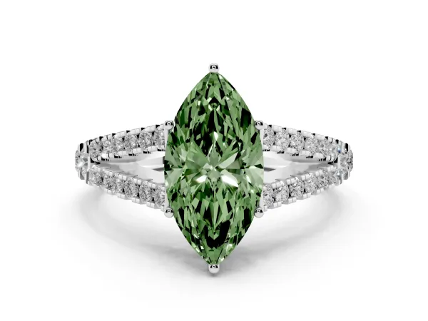 Fancy Green Marquise Cut Diamond Split Shank Pavé Engagement Ring with Four-Prong Setting White gold