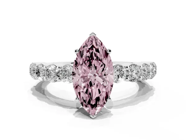 Fancy Pink Marquise Cut Diamond Solitaire Ring with Shared Prong Round Side Stones White gold