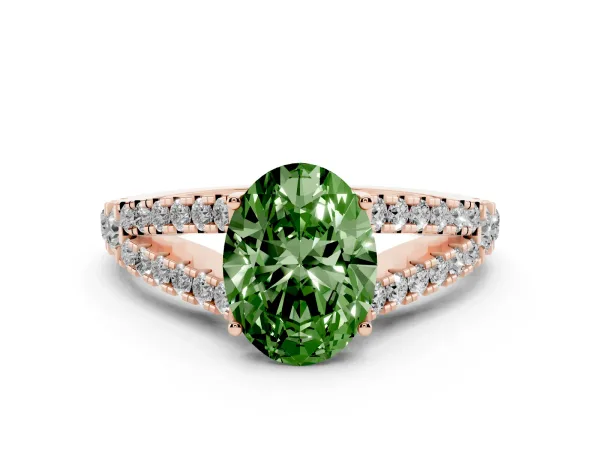 Fancy Green Oval Cut Diamond Split Shank Engagement Ring with Round Pavé and Prong Setting Rose gold