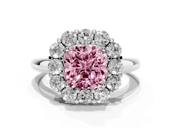 Fancy Pink Cushion Cut Halo Cluster Diamond Engagement Ring with Prong Setting and Polished Band White gold