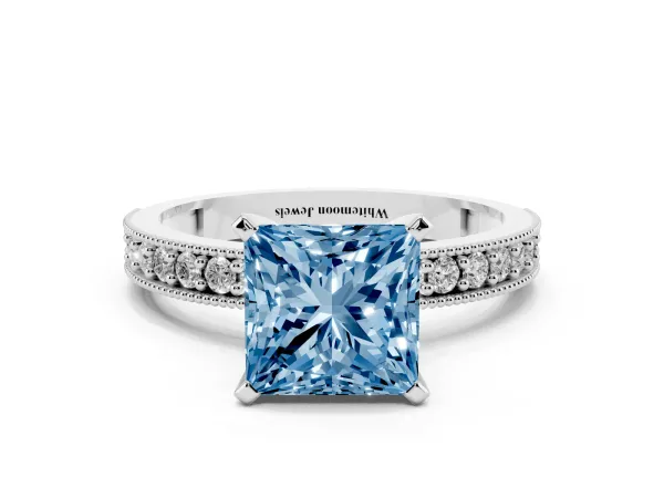 Fancy Blue Princess Cut Diamond Milgrain Pavé Engagement Ring with Four-Prong Setting White gold