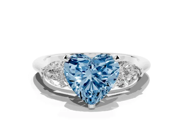 Fancy Blue Three-Stone Heart Cut Diamond Ring with Pear Side Stones and Four-Prong Setting Platinum