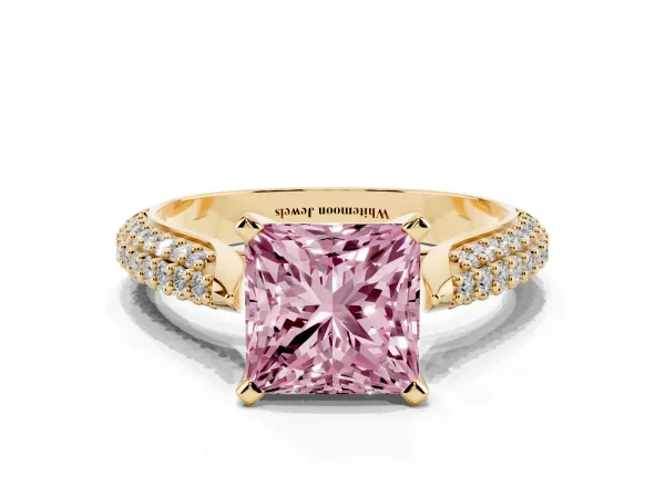 Fancy Pink Princess Cut Diamond Solitaire Engagement Ring with Multi-Row Round Pavé Band and Prong Setting Yellow gold