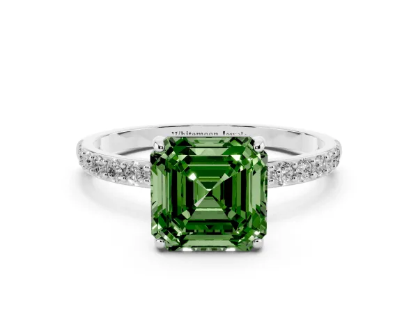 Fancy Green Asscher Cut Diamond Solitaire Ring with Round Pavé Shoulders and Prong Setting Platinum