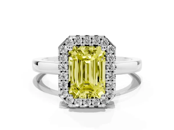Fancy Yellow Emerald Cut Halo Diamond Solitaire with Pavé Band and Four-Prong Setting Platinum