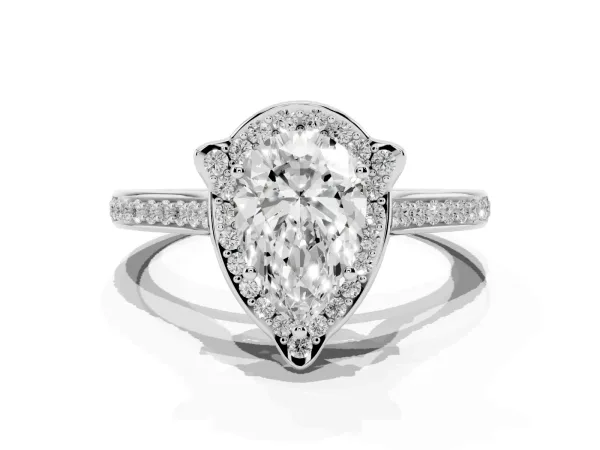 Pear Cut Halo Round Diamond Pave Band with Four-Prong Setting White gold