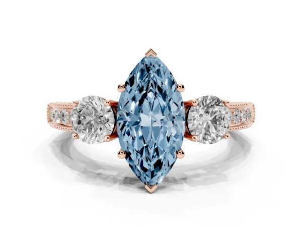 Fancy Blue Marquise Cut Three-Stone Diamond Ring with Pavé Band and Four-Prong Setting Rose gold