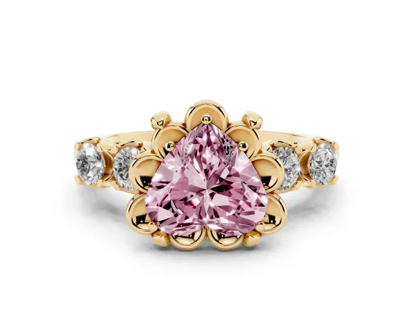 Fancy Pink Heart Cut Cut Diamond Floral Halo Engagement Ring with Shared Prong Setting Yellow gold
