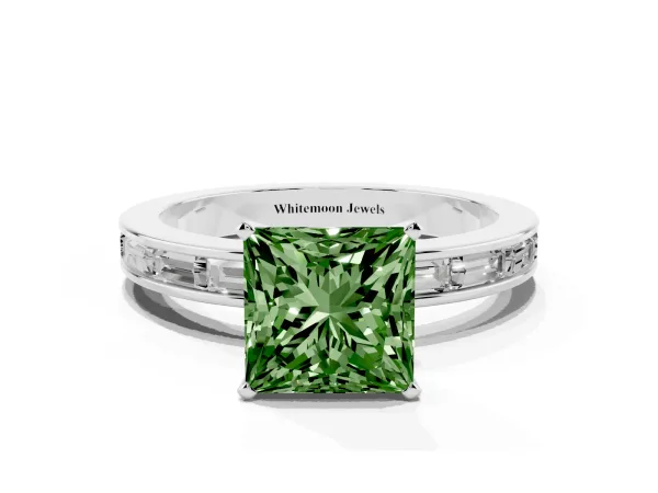 Fancy Green Princess Cut Solitaire Diamond Ring with Channel-Set Baguette Band and Four-Prong Setting Platinum