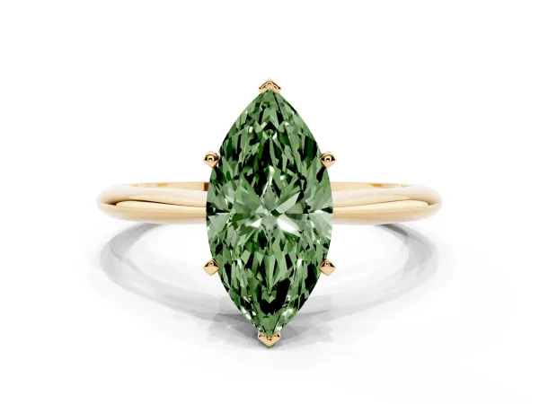 Fancy Green Marquise Cut Diamond Solitaire Engagement Ring with Classic Band and Four-Prong Setting Yellow gold