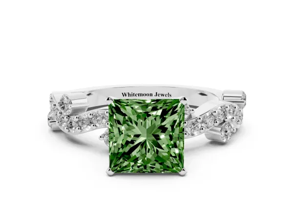 Fancy Green Princess Cut Cut Solitaire Diamond Twisted Band with Pave Setting White gold