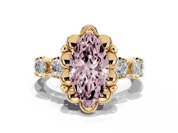 Fancy Pink Marquise Cut Cut Diamond Floral Halo Engagement Ring with Shared Prong Setting Yellow gold