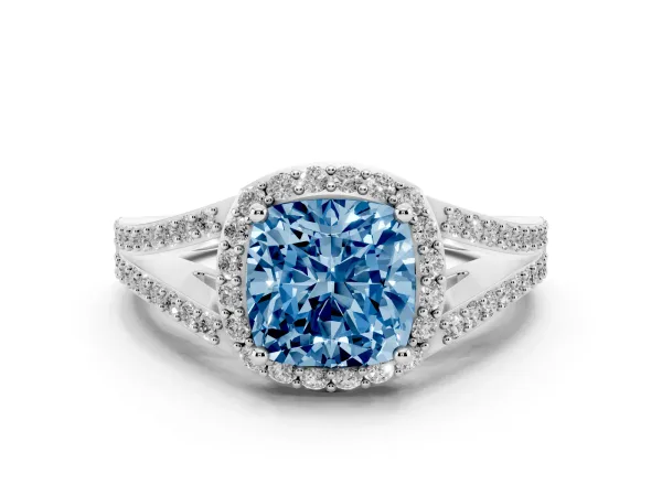 Fancy Blue Cushion Cut Halo Split Shank Diamond Ring with Prong Setting White gold
