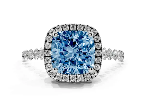 Fancy Blue Cushion Cut Halo Pavé Diamond Engagement Ring with Four-Prong Setting Platinum