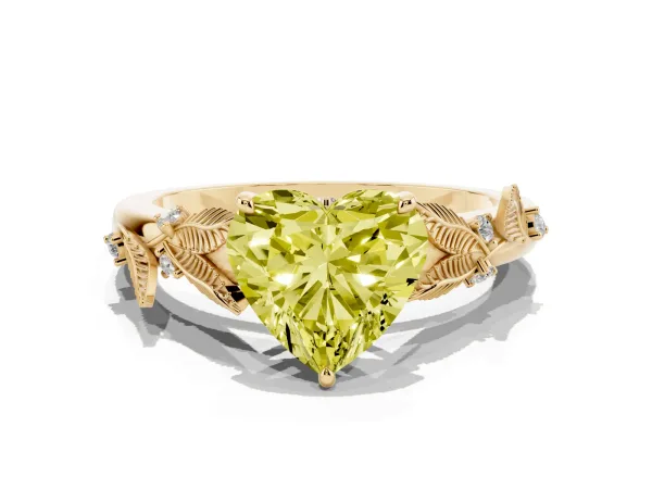 Fancy Yellow Heart Cut Diamond Solitaire Ring with Leaf Motif Band and Four-Prong Setting Yellow gold