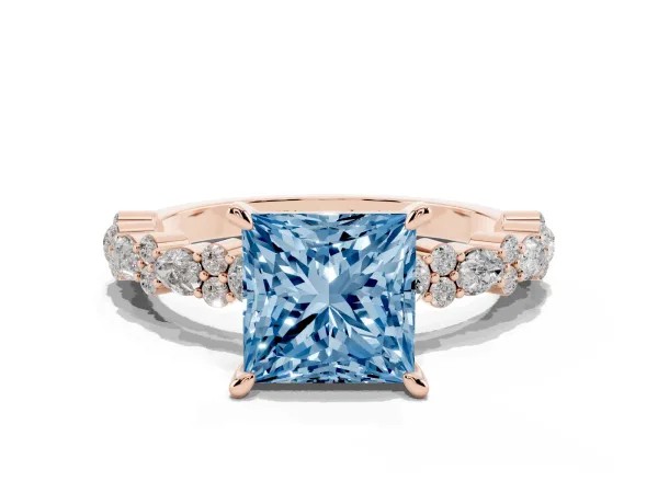 Fancy Blue Princess Cut Diamond Side Stone Solitaire Ring with Round and Four-Prong Setting Rose gold