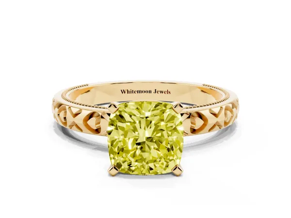 Fancy Yellow Cushion Cut Solitaire Diamond Engagement Ring with XO Engraved Band and Four-Prong Setting Yellow gold