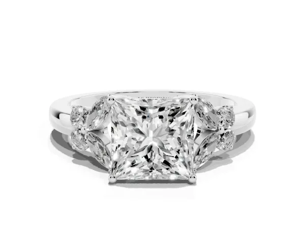Princess Cut Cut Solitaire Floral Diamond Ring with Four-Prong Setting White gold