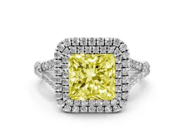 Fancy Yellow Princess Cut Diamond Double Halo Ring with Split Shank and Prong Setting White gold
