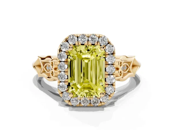 Fancy Yellow Emerald Cut Halo Diamond Engagement Ring with Filigree Band and Four-Prong Setting Yellow gold