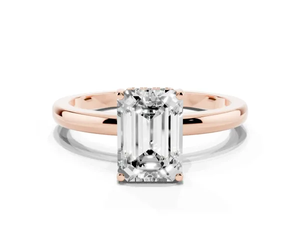 Emerald Cut Solitaire Diamond Ring with Prong Setting and Plain Band Rose gold