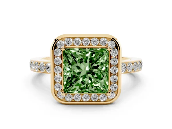 Fancy Green Princess Cut Diamond Halo Ring with Bezel Frame and Pavé Band Yellow gold